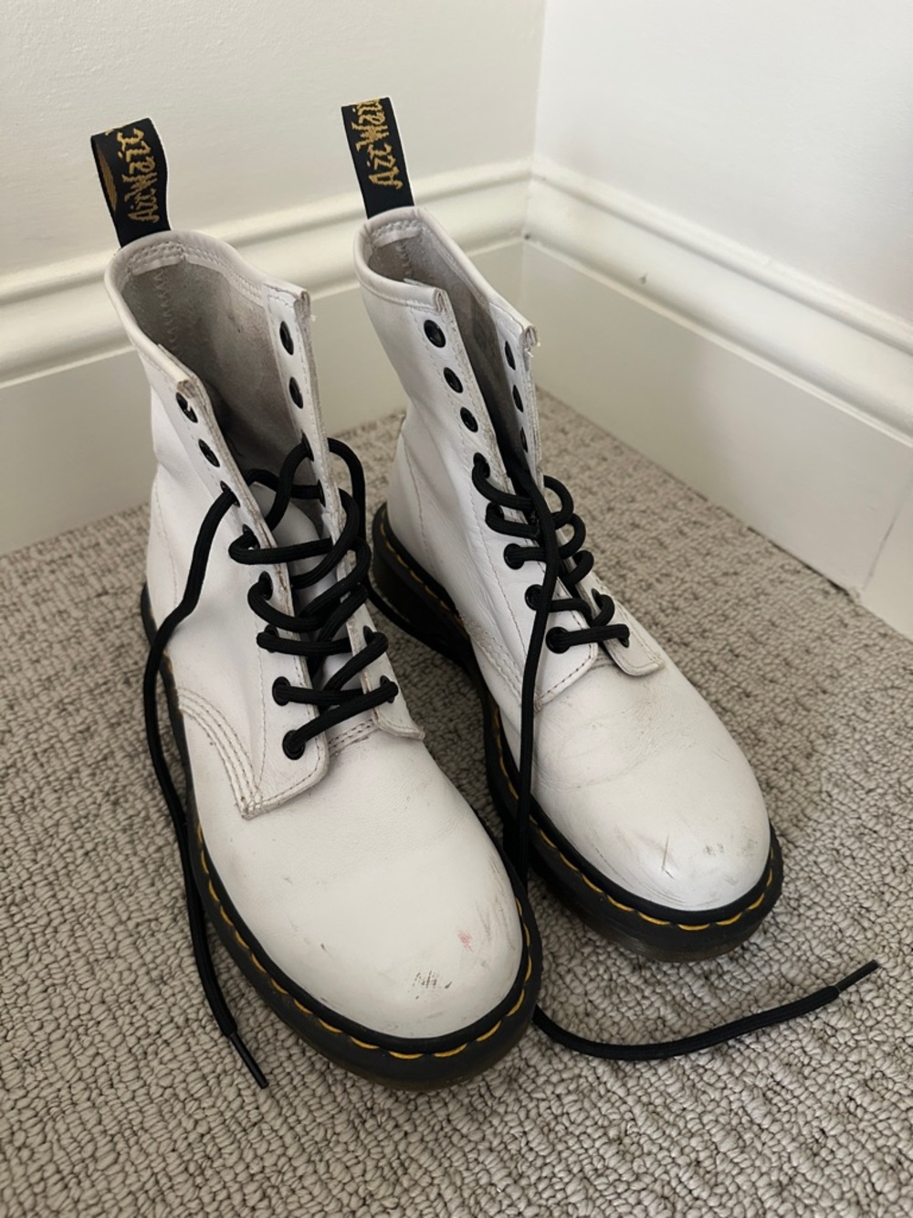 White Leather Doc Martin Combat Boots with Yellow Stitching